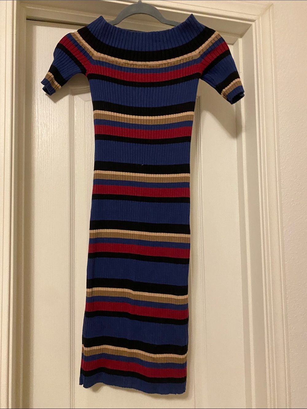 Ribbed Off-Shoulder Striped Midi Dress in Blue